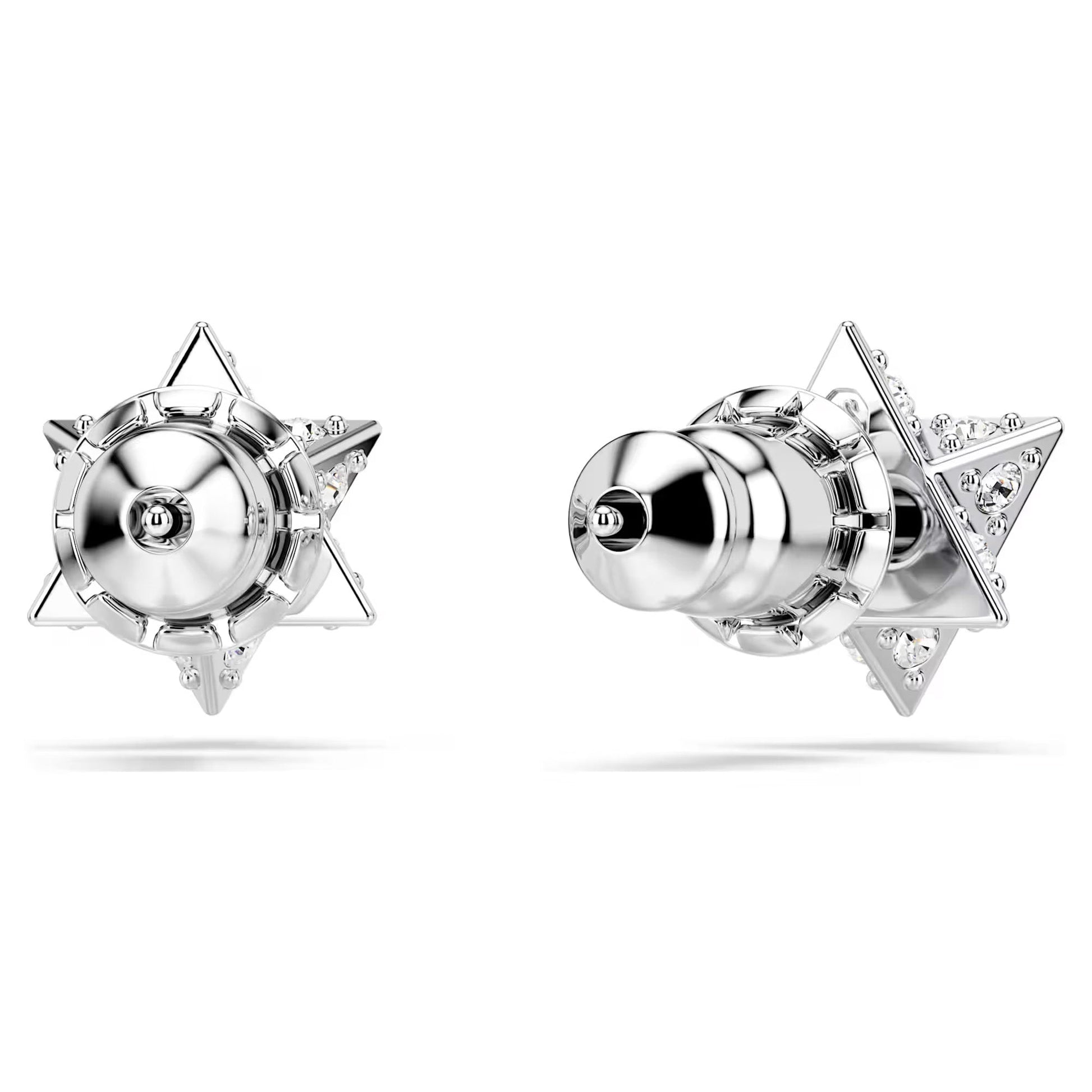 Close-up of a pair of rhodium-plated, silver Swarovski Dextera Star Stud Earrings with intricate detailing and a polished finish, adorned with shimmering crystals, set against a plain white background.