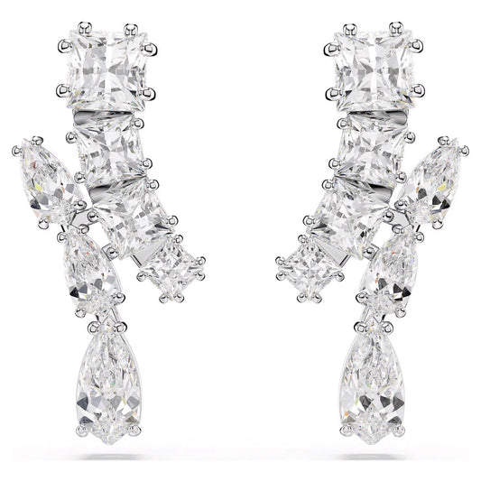 Introducing the Swarovski Matrix Drop Earrings by Swarovski: an elegant and luxurious accessory showcasing a cascade of sparkling square, rectangular, and teardrop-shaped Swarovski Zirconia set in rhodium-plated silver.