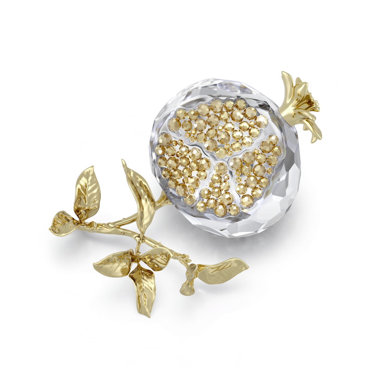 The Swarovski Idyllia Pomegranate by Swarovski is artfully displayed on a white background, blending luxury and creativity in a decorative object. This exquisite crystal centerpiece features sparkling Swarovski Crystal Beads and a champagne gold-tone finish, making an elegant statement in any space.