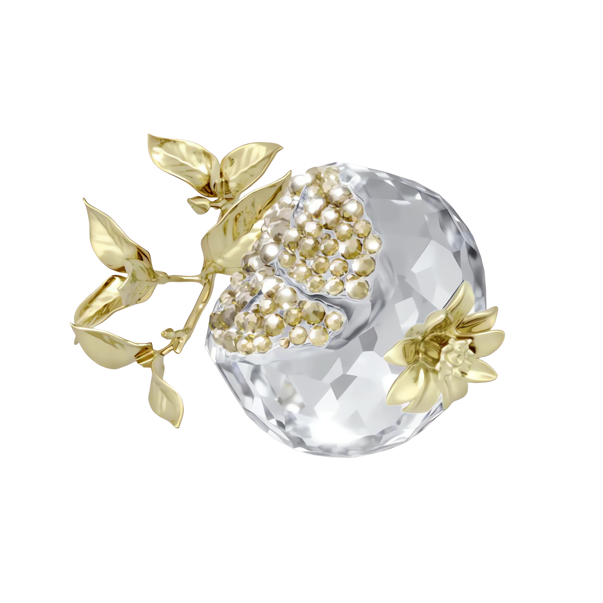The Swarovski Idyllia Pomegranate by Swarovski showcases a faceted crystal design with gold-plated leaves, stem, and flower accents, featuring intricate gold cluster details on one side and a champagne gold-tone finish—all presented against a plain white background.