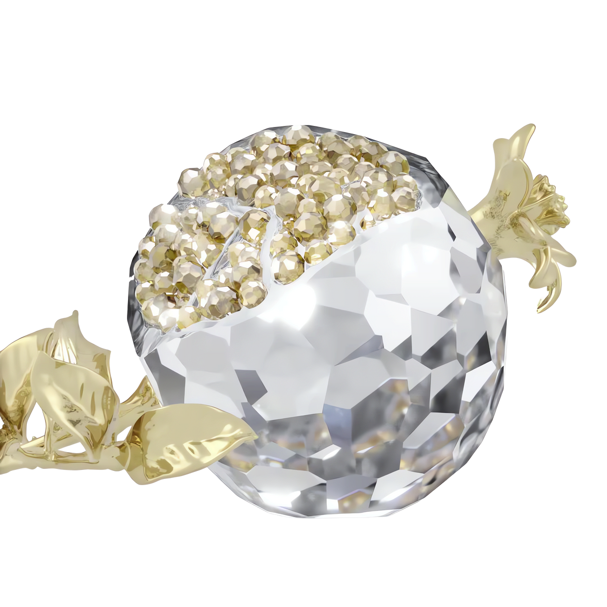 The Swarovski Idyllia Pomegranate by Swarovski showcases a stunning crystal pomegranate adorned with gold-toned leaves and crown, golden crystal seeds inside, and is elegantly displayed on a plain white background—an exquisite crystal table decor piece ideal as an eye-catching pomegranate centerpiece.