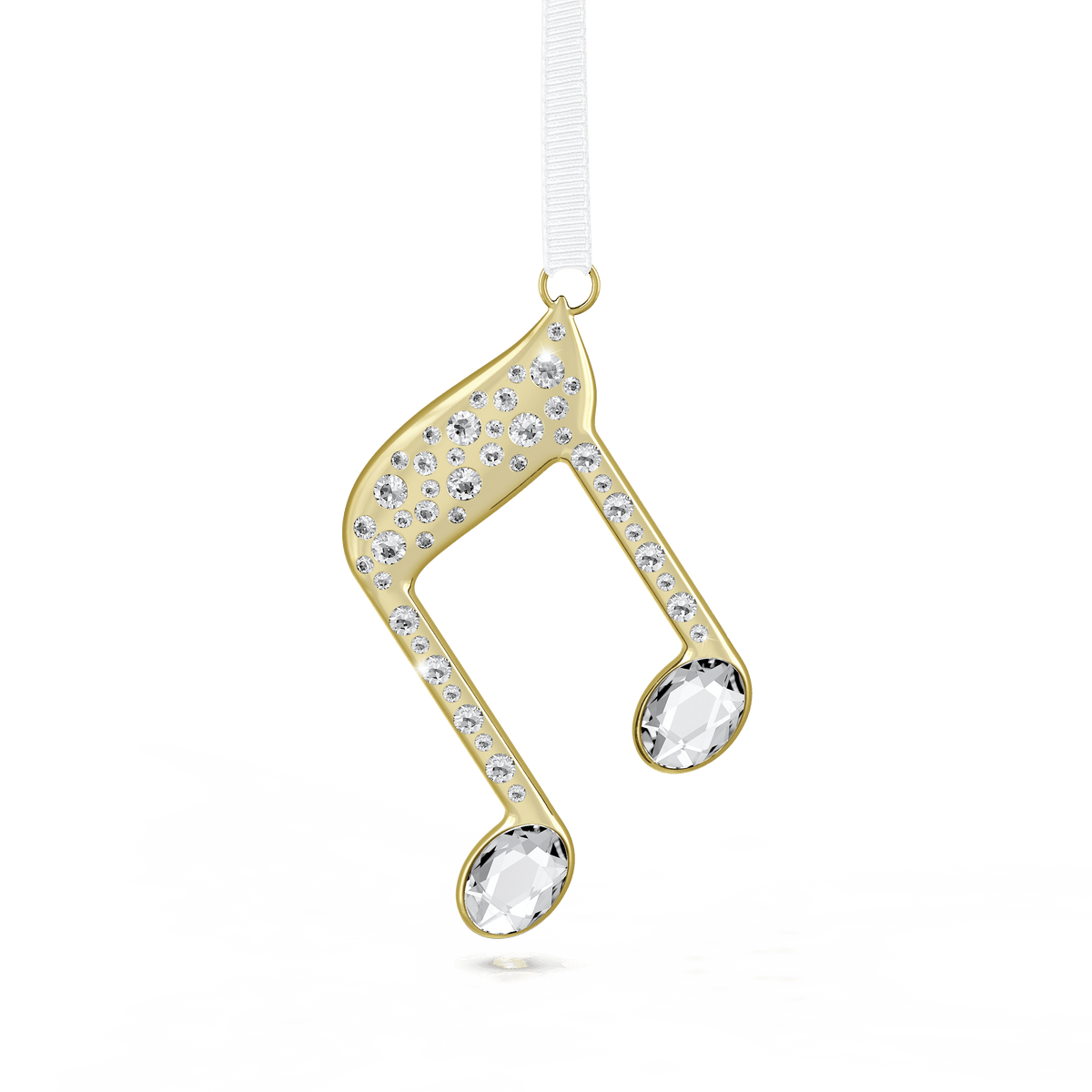The Swarovski Holiday Magic Double Music Note Ornament by Swarovski, embellished with crystals in a champagne gold-tone finish, is suspended from a white ribbon against a plain white background.
