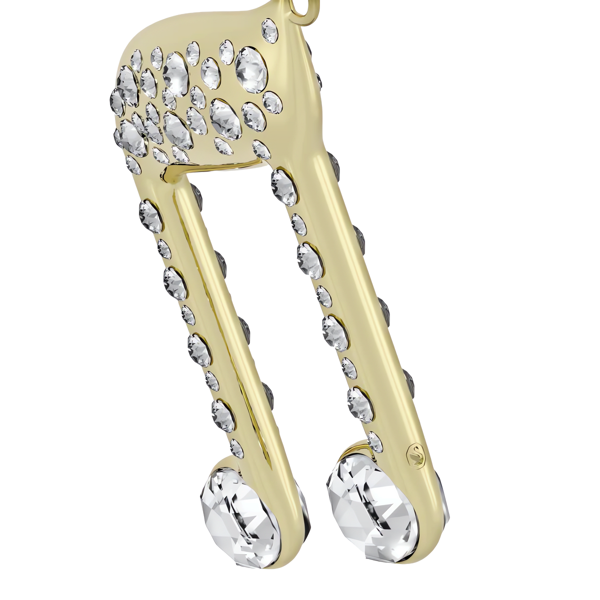 The Swarovski Holiday Magic Double Music Note Ornament by Swarovski features a champagne gold-tone finish and is adorned with round, clear crystals, showcased against a plain white background.