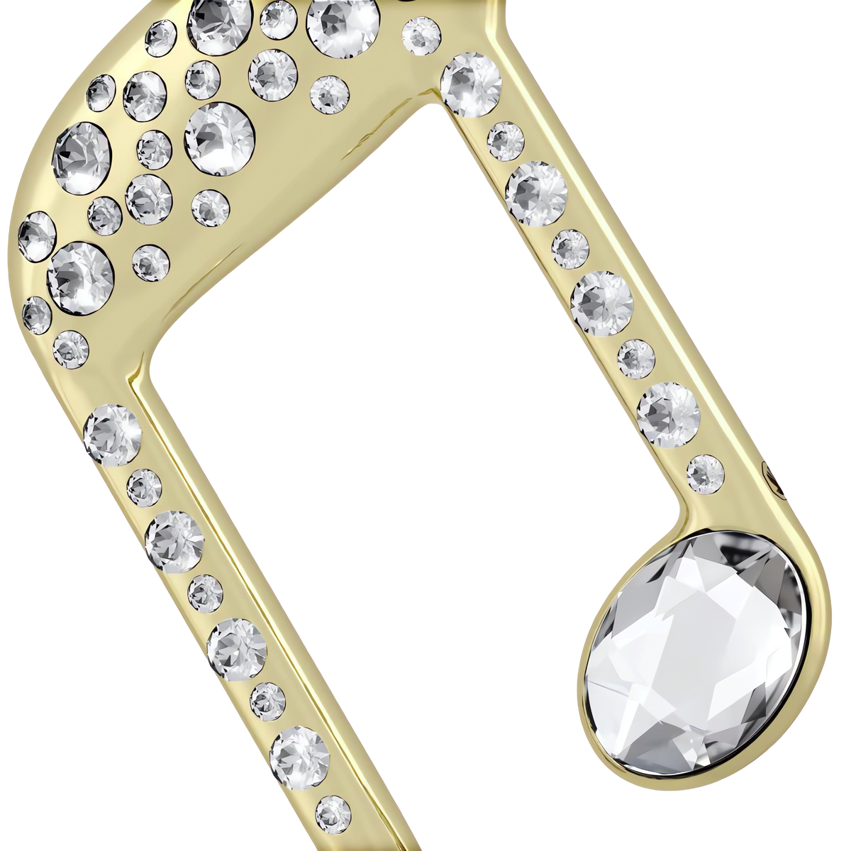 Close-up of the Swarovski Holiday Magic Double Music Note Ornament, embellished with various sizes of clear gemstones, set against a white background.