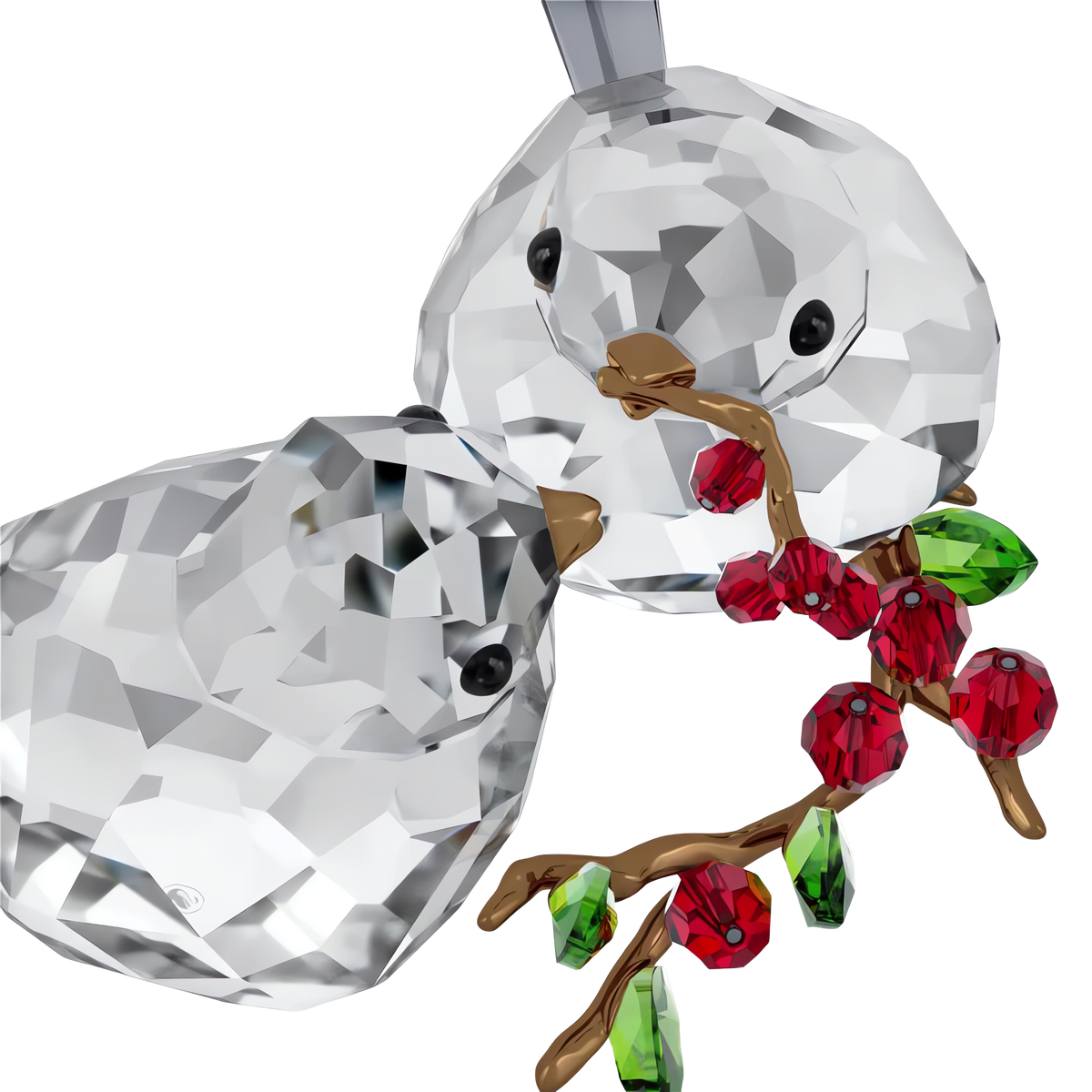 The Swarovski Idyllia Bird Couple and Berries by Swarovski features two faceted crystallized birds touching beaks near a branch adorned with red and green crystal berries and leaves, capturing the serene charm of an Idyllia garden against a plain white background.