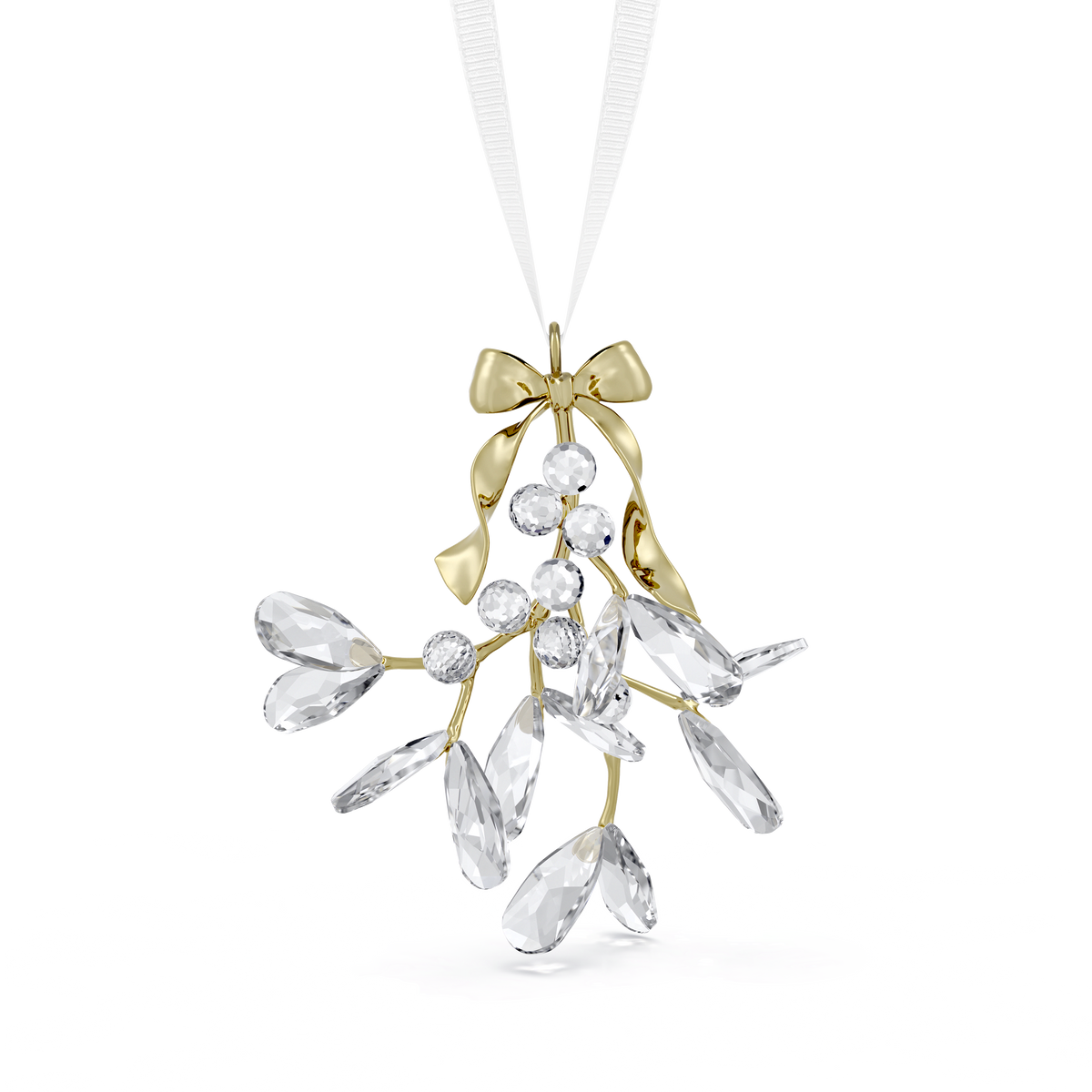 The Swarovski Holiday Magic Mistletoe Ornament, crafted from sparkling gold and crystal and adorned with a glimmering gold bow at the top, hangs gracefully from a white ribbon. Photographed against a plain white background, this Swarovski decoration captures festive charm and refined elegance, making it a perfect accent for your holiday décor.