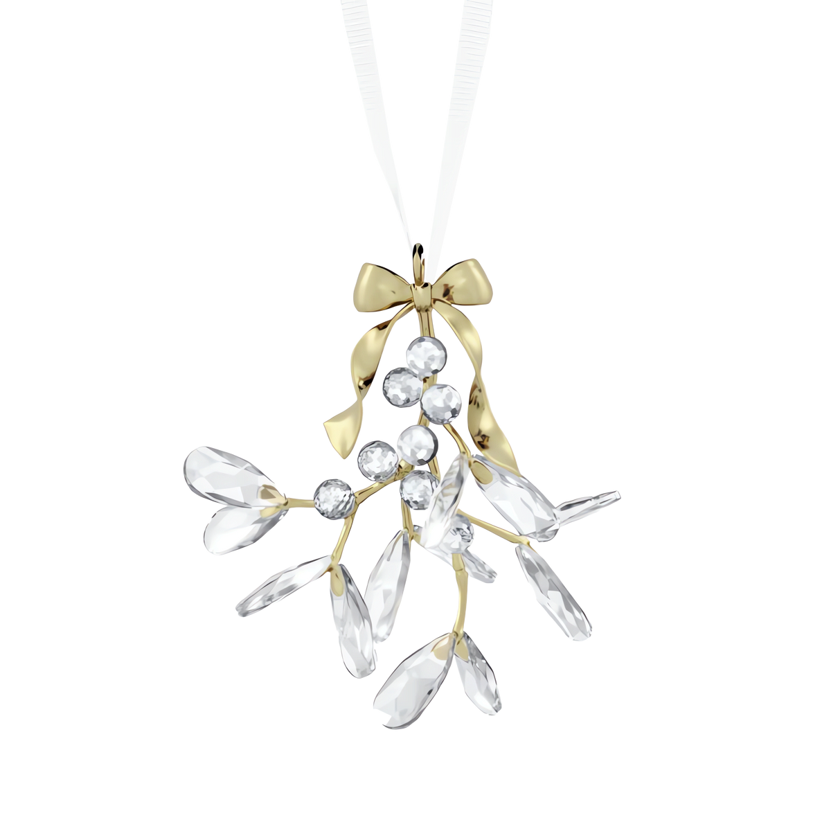 The Swarovski Holiday Magic Mistletoe Ornament by Swarovski features champagne gold-tone stems, clear crystal leaves, and round crystal berries, all topped with a gold bow and suspended from a white ribbon—an elegant enhancement to your holiday décor.