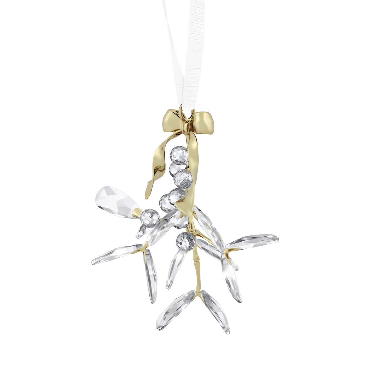 The Swarovski Holiday Magic Mistletoe Ornament by Swarovski features a gold ribbon at the top and clear crystal leaves and berries, hanging elegantly from a white ribbon—a stunning addition to your holiday décor.