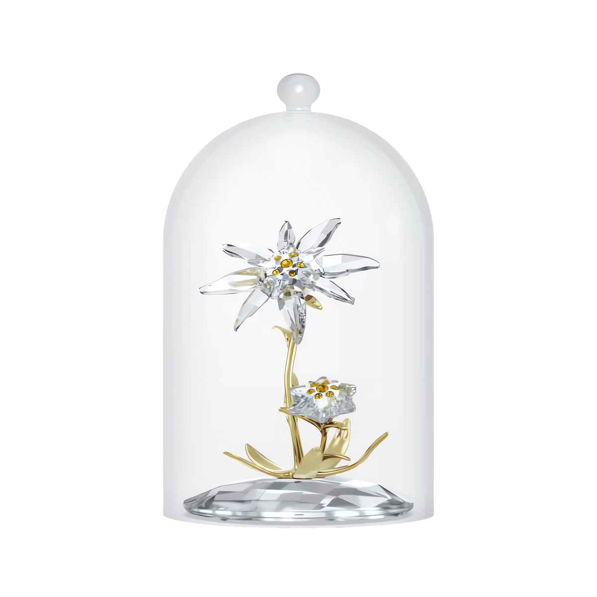 The Swarovski Florere 130th Anniversary Bell Jar by Swarovski, featuring a crystal and gold Edelweiss flower sculpture, is displayed under a clear glass dome with a round handle on top against a plain white background.