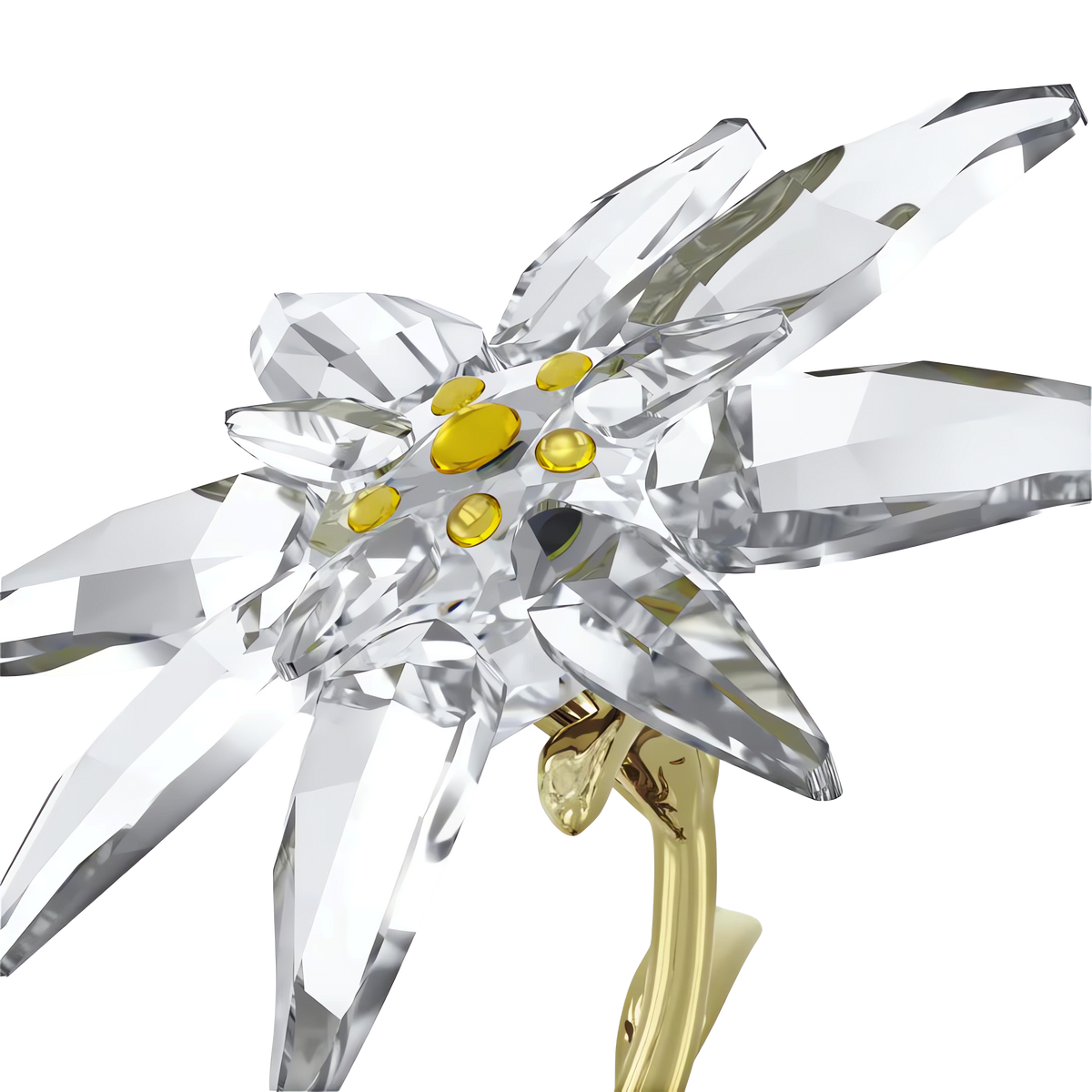 The Swarovski Florere 130th Anniversary Bell Jar from Swarovski features faceted, clear crystal petals and yellow gemstone accents at the center, all set on a shiny gold stem. Displayed against a plain white background, this elegant piece brings timeless beauty to any collection from Swarovski Canada.