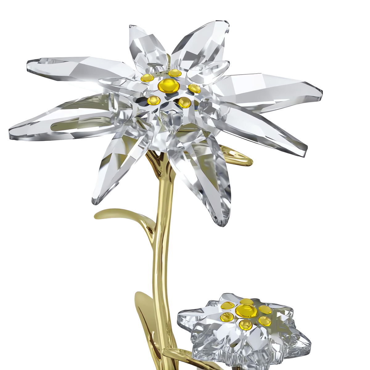 The Swarovski Florere 130th Anniversary Bell Jar features a crystal flower sculpture with clear petals and yellow centers, set on a gold-colored stem with two blooms, elegantly displayed against a white background—an exquisite piece from Swarovski, available at Swarovski Canada.