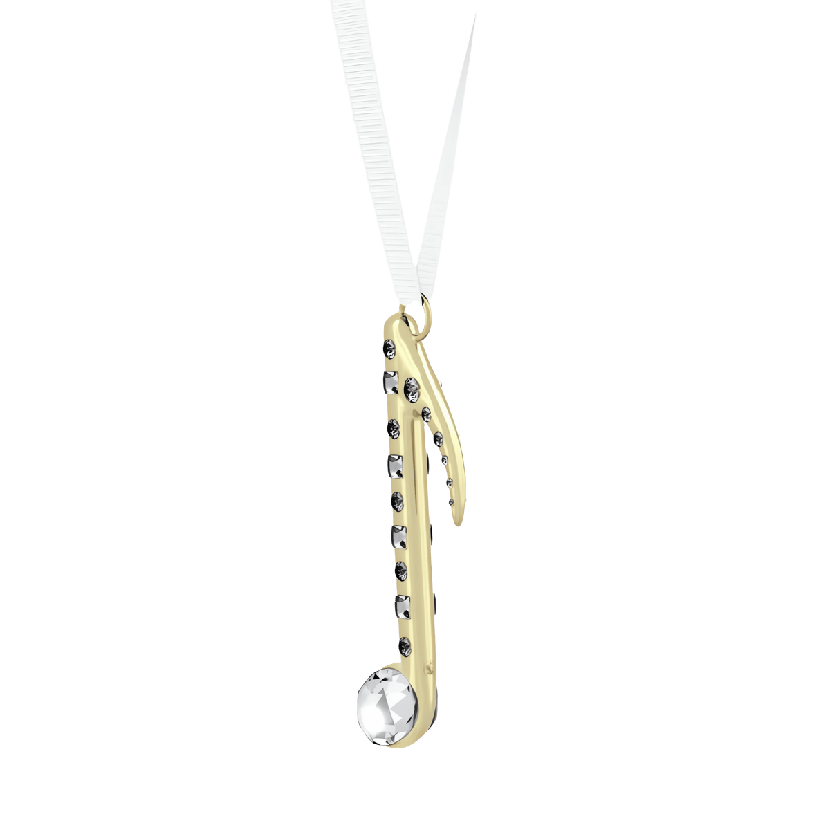 The Swarovski Holiday Magic Music Note Ornament by Swarovski features a champagne gold-tone pendant shaped like a music note, adorned with sparkling crystals along its length, and hangs gracefully from a slim white chain.