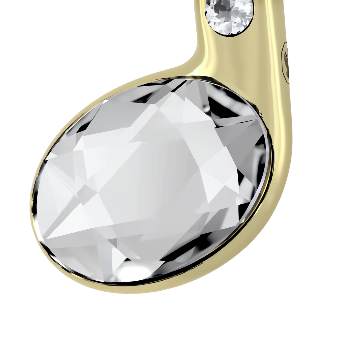 Close-up of the Swarovski Holiday Magic Music Note Ornament by Swarovski, featuring a champagne gold-tone finish adorned with a large, faceted clear crystal and a smaller round crystal, set against a white background.