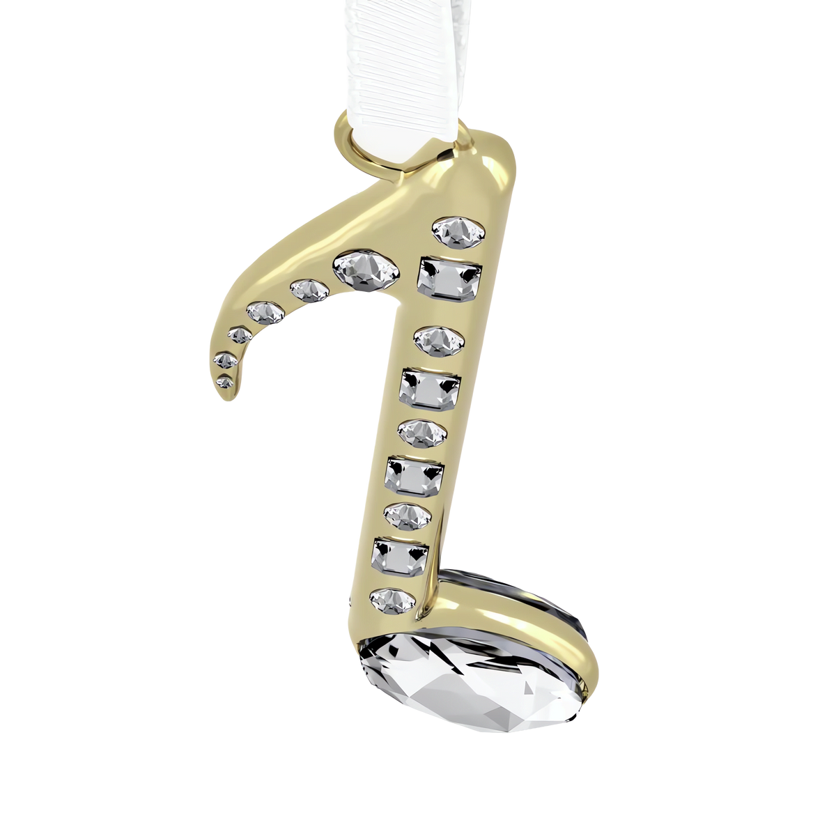 The Swarovski Holiday Magic Music Note Ornament by Swarovski features a champagne gold-tone music note adorned with sparkling crystal embellishments, elegantly suspended from a white ribbon.