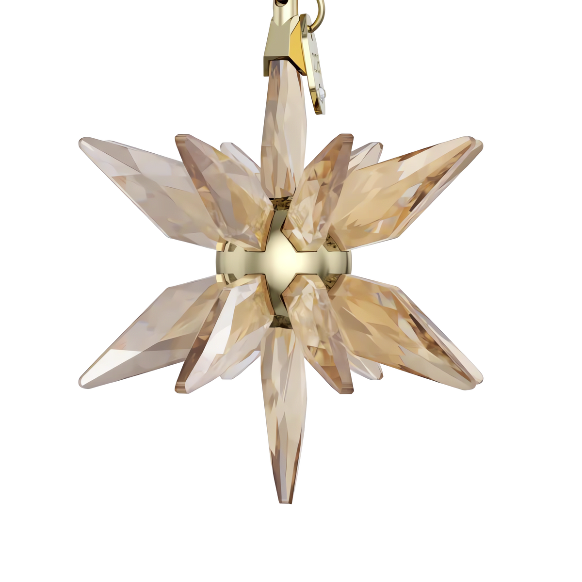 A dazzling star-shaped Swarovski Annual Edition Festive 3D Ornament 2025 features multiple pointed, transparent amber-hued crystal facets and hangs from a gold hook against a white background—making it the perfect sparkling accent for your holiday décor.