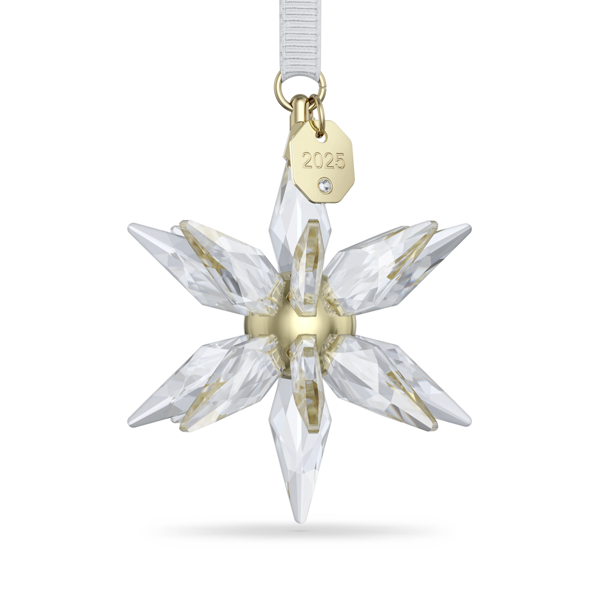 Discover the Swarovski Annual Edition 3D Ornament 2025 by Swarovski—a beautifully crafted crystal star featuring gold accents, a white ribbon, and a gold tag engraved with “2025.” Part of the Swarovski Annual Edition 2025 collection in Canada, this ornament dazzles with clear faceted points radiating from a central gold core.