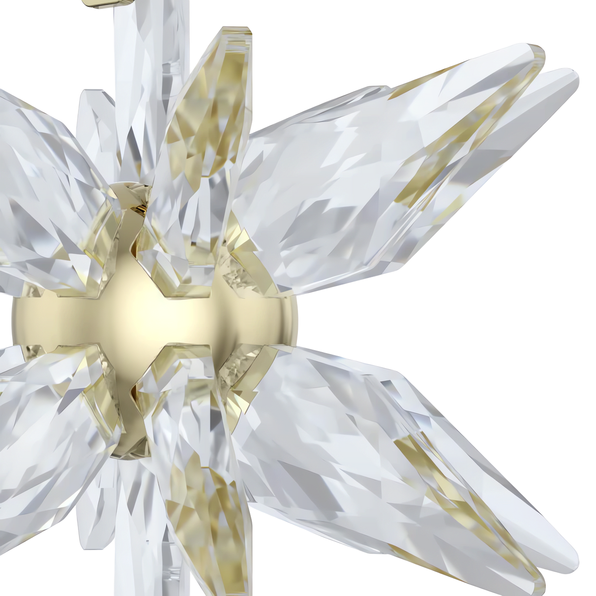 A close-up of the Swarovski Annual Edition 3D Ornament 2025 reveals a gold sphere adorned with multiple clear, faceted crystal spikes radiating outward, reminiscent of a stylized starburst or snowflake, set against a white background. This striking Swarovski design would make an elegant and stunning addition to any Swarovski Canada collection.