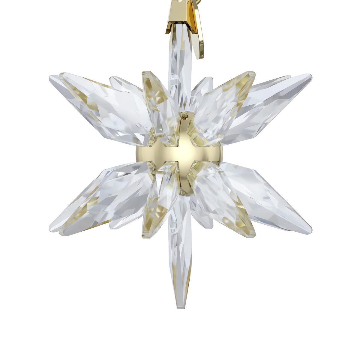 The Swarovski Annual Edition 3D Ornament 2025 is a gold and clear crystal starburst, featuring pointed crystal spikes suspended against a plain white background. This striking piece exemplifies the elegance of Swarovski and would make a stunning addition to any Swarovski Canada collection.
