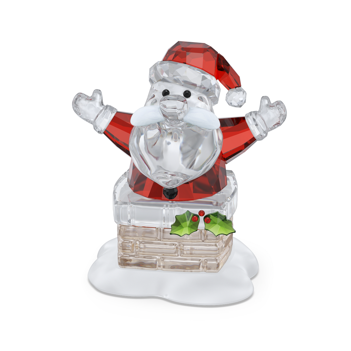 The Swarovski Holiday Cheers Santa Claus and Chimney figurine by Swarovski features Santa with arms raised in a red suit and hat, standing in a holly-trimmed chimney atop a snow-like white base—making it the perfect festive decoration for your holiday display.