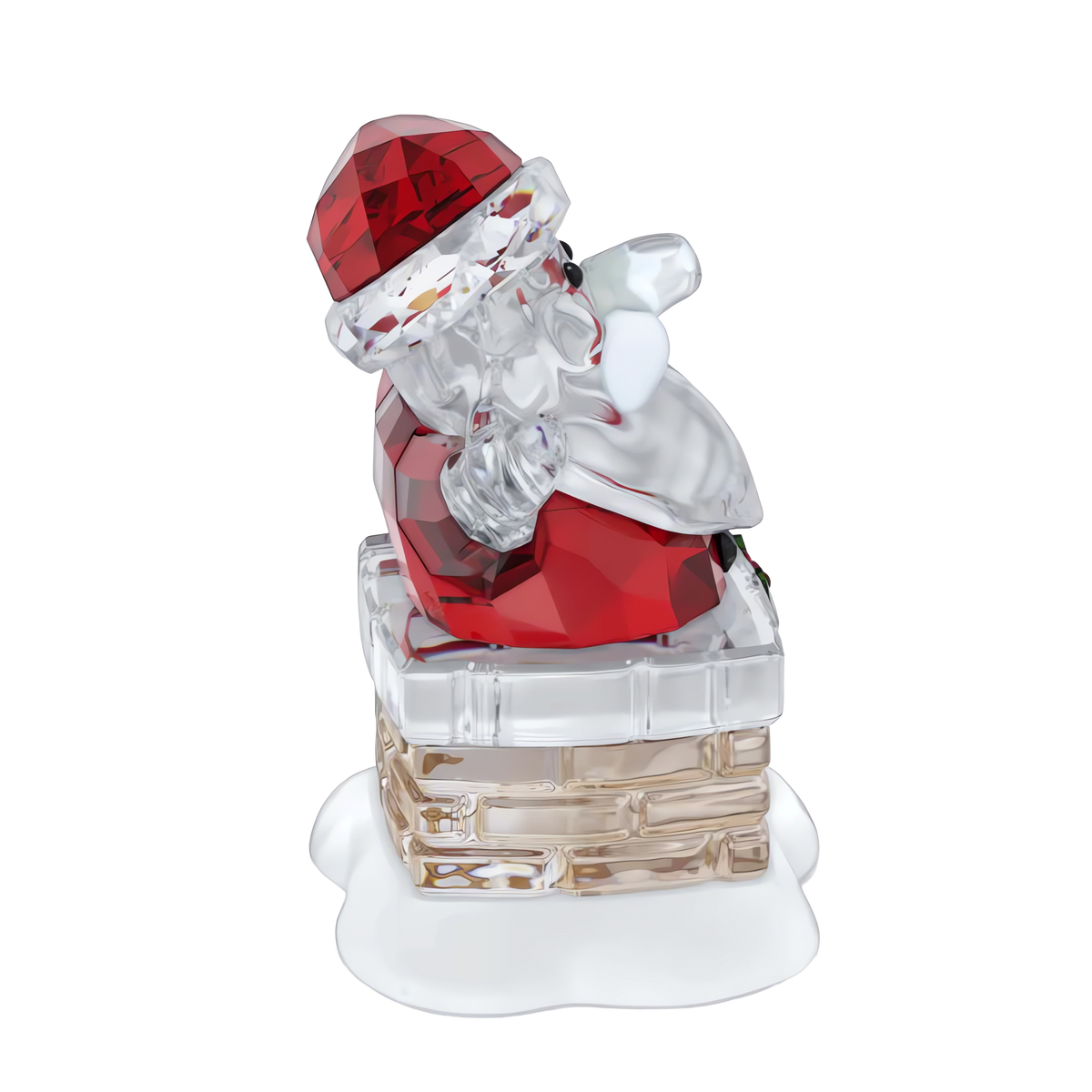 The Swarovski Holiday Cheers Santa Claus and Chimney by Swarovski features a beautifully faceted glass figurine of Santa Claus in red, seated atop a chimney accented with white snow at the base—an exquisite Christmas ornament and festive decoration ideal for elevating your holiday display.