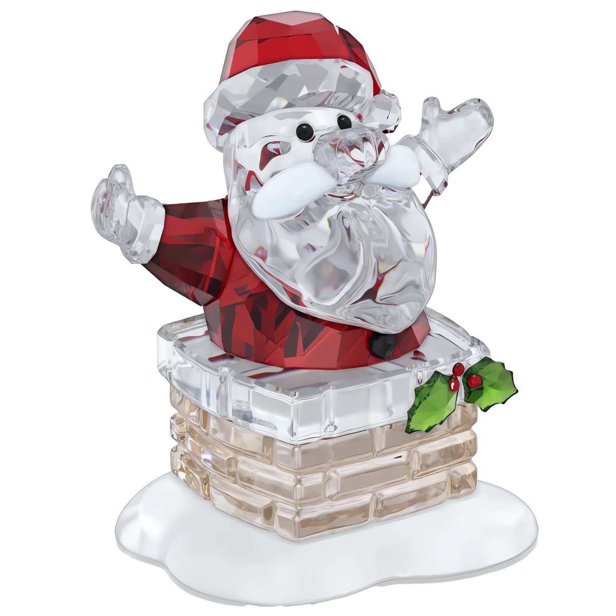 The Swarovski Holiday Cheers Santa Claus and Chimney by Swarovski features a charming crystal figurine of Santa Claus in red and clear glass, waving with both arms as he emerges from a brick chimney adorned with holly leaves and snow at the base—an enchanting Christmas ornament that makes a perfect festive decoration for any holiday display.