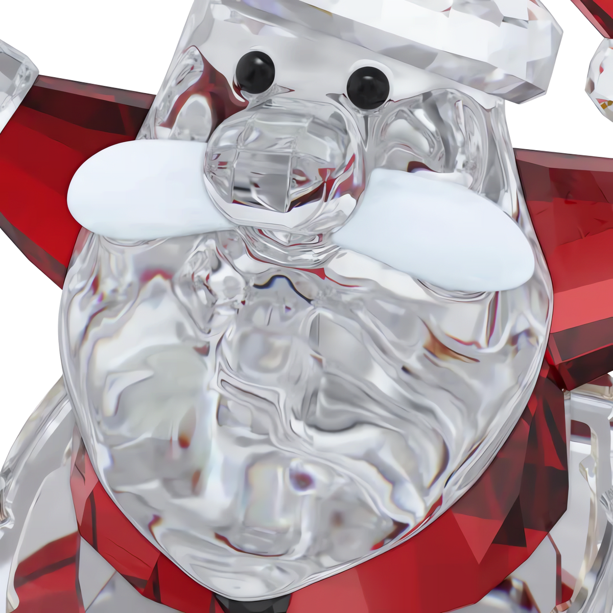 A close-up of the Swarovski Holiday Cheers Santa Claus and Chimney figurine by Swarovski, showcasing a clear crystal face and beard, black eyes, white mustache, and vibrant red hat and coat details—this festive decoration perfectly captures the charm of a classic Santa Claus ornament.