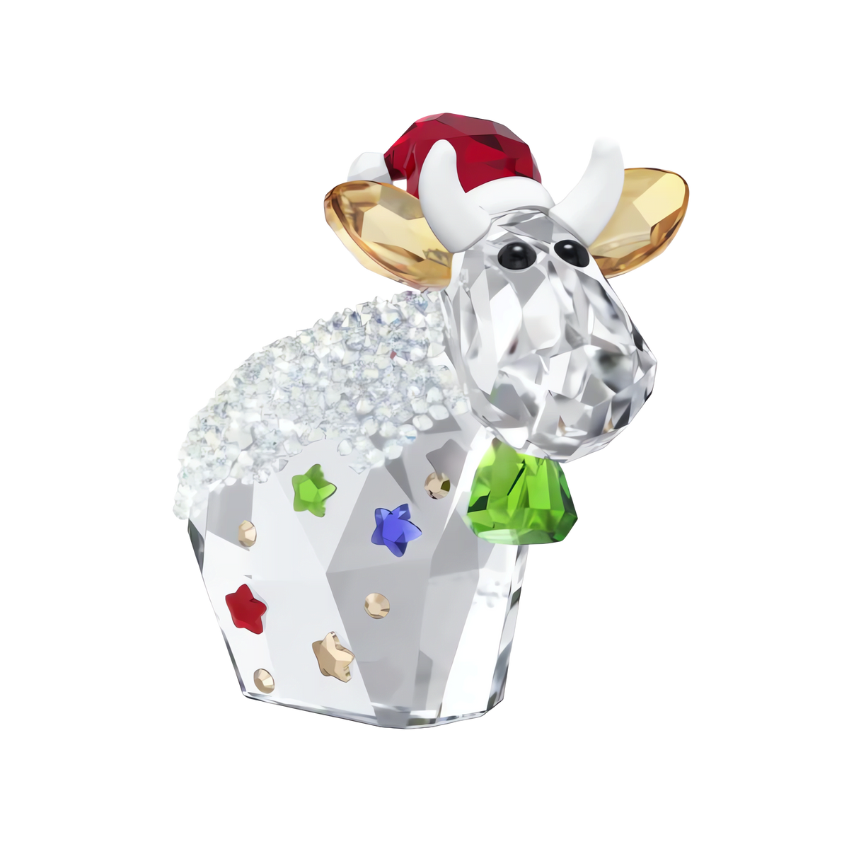 The Swarovski Mo Holiday Annual Edition 2025 by Swarovski features a charming crystal cow figurine, embellished with a red Santa hat, green bell, vibrant star-shaped accents, and gold-colored horns, displayed against a plain white background. This enchanting collectible is part of the Annual Edition 2025 collection from Swarovski Canada.