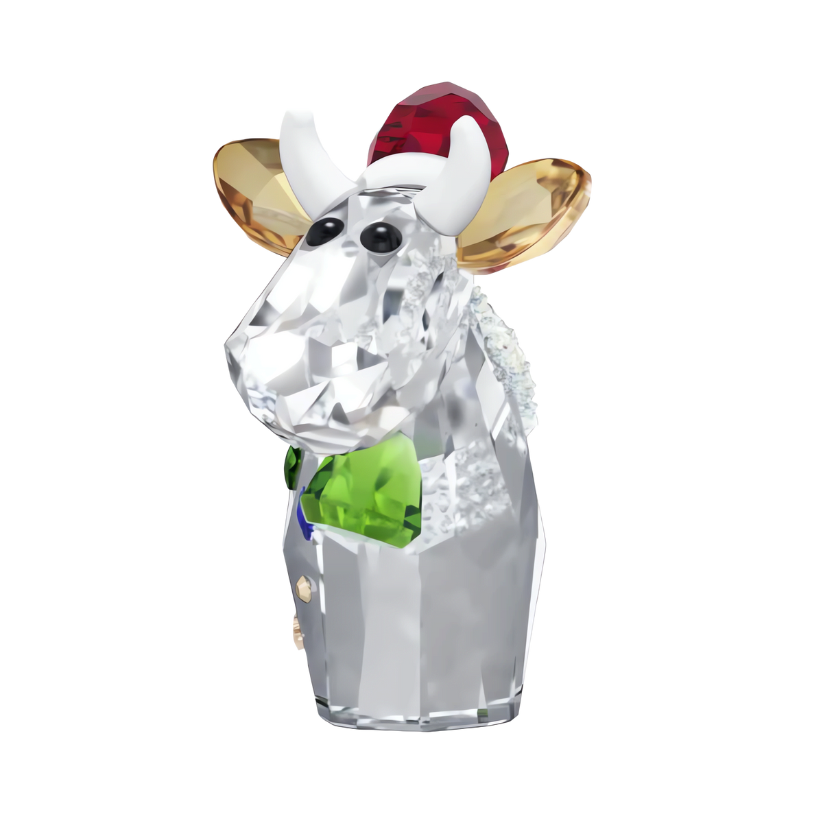 Standing upright on a plain white background, the Swarovski Mo Holiday Annual Edition 2025 figurine features a faceted crystal cow with gold horns, a red hat, a green bow tie, black eyes, and a white body. This delightful piece is part of the Annual Edition 2025 collection and is available through Swarovski Canada.