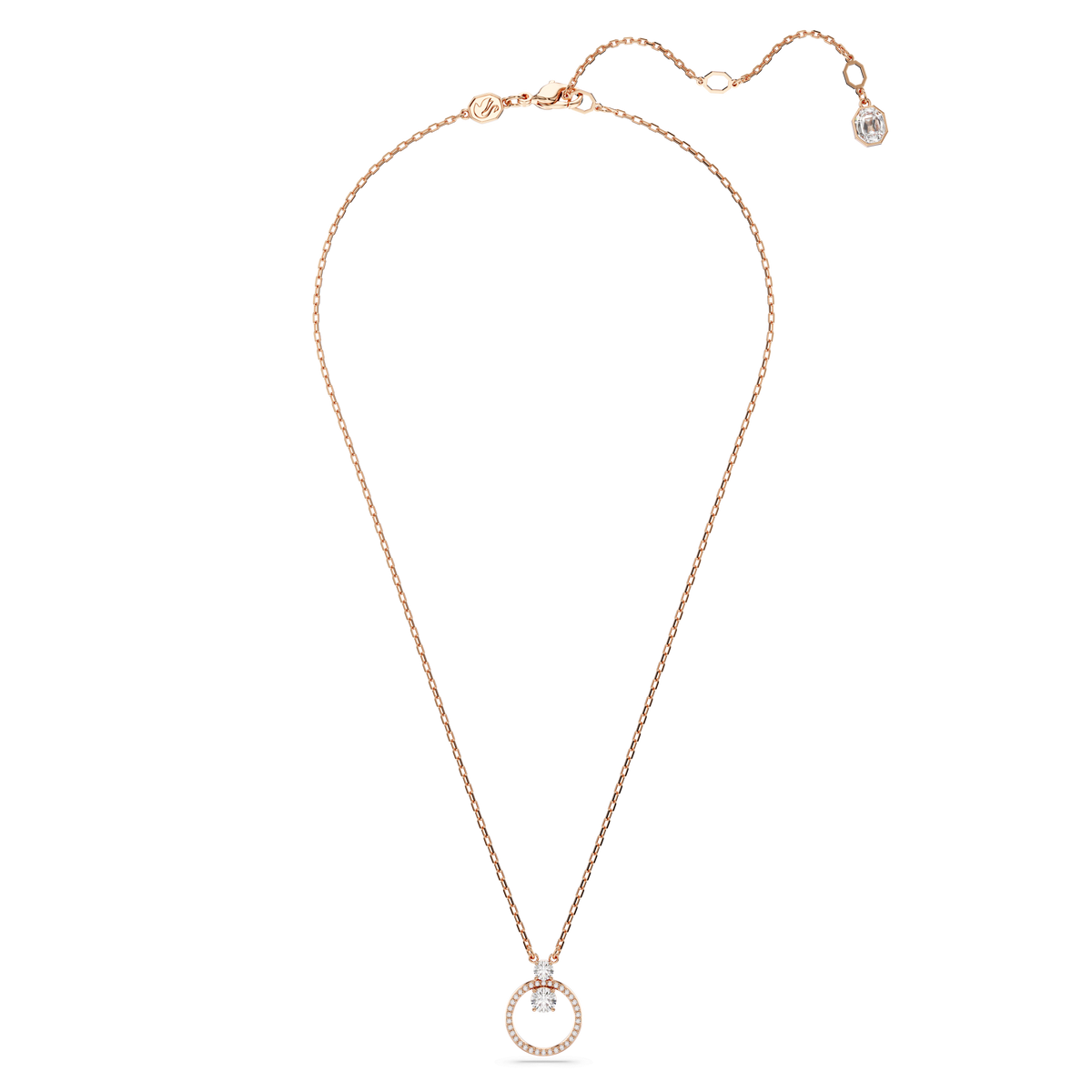 The Swarovski Constella pendant features a round-cut pavé circle encrusted with sparkling Swarovski Zirconia stones, suspended from a delicate 18K rose gold-finished chain, and elegantly displayed on a plain white background.