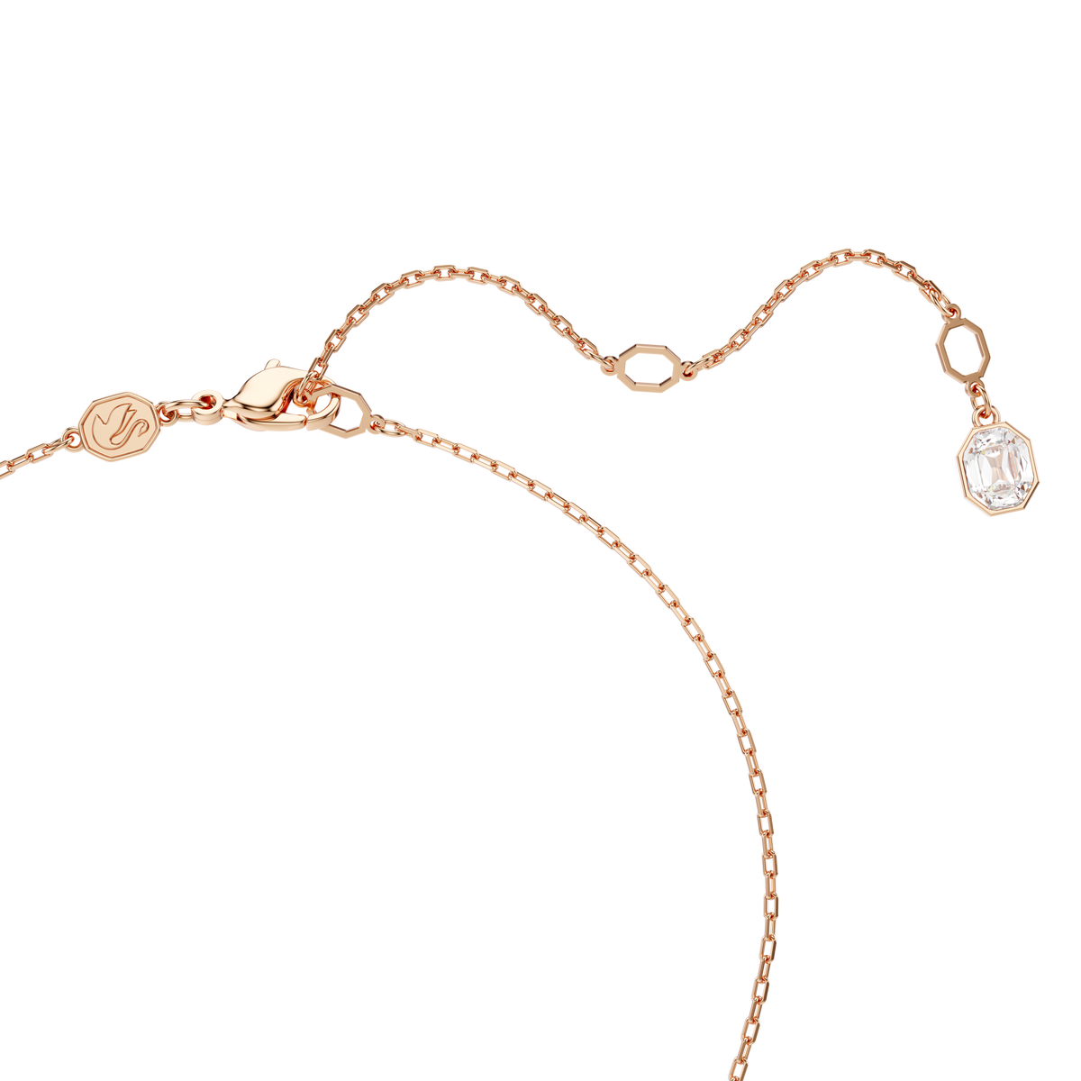 Crafted by Swarovski, the Constella pendant features a delicate 18K rose gold finished chain with a lobster clasp, a small round tag near the clasp, and a round-cut pavé white Swarovski Zirconia charm at the end of an adjustable extension.