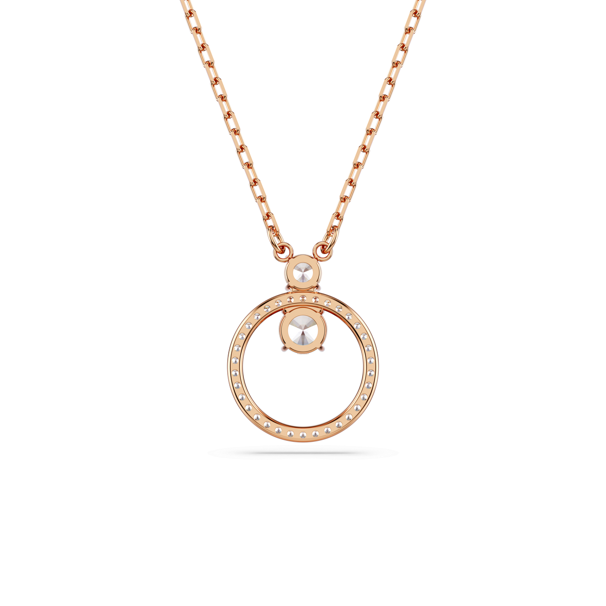 Introducing the Swarovski Constella pendant: a breathtaking necklace featuring a round, pavé-set pendant adorned with white Swarovski Zirconia in an exquisite round cut, all finished in elegant 18K rose gold and gracefully suspended from a matching chain.