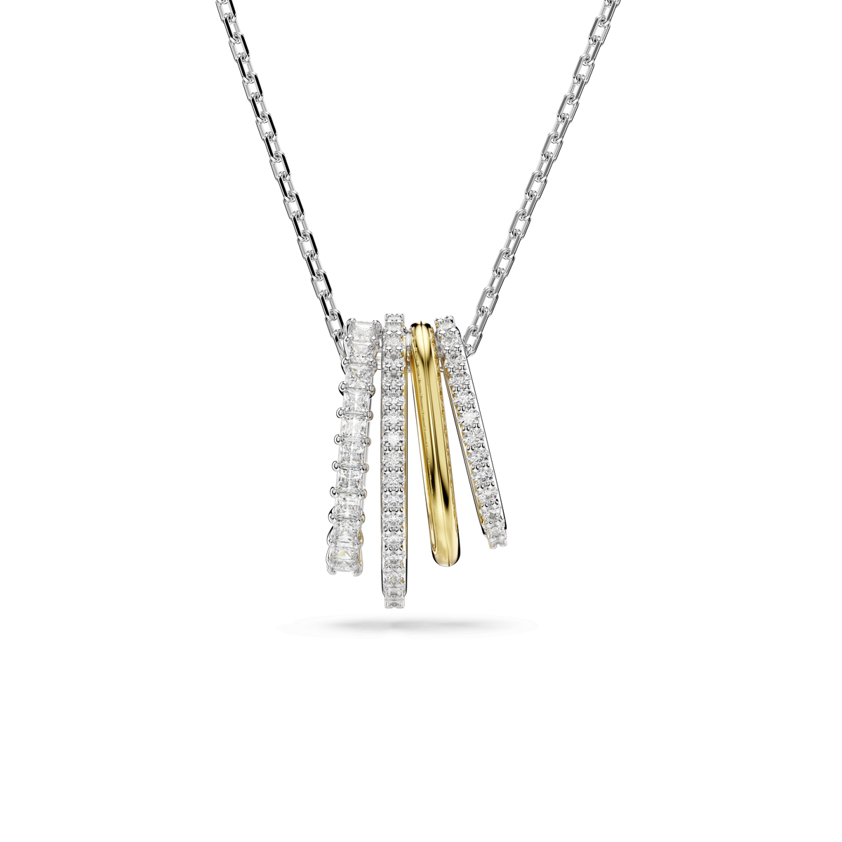 Introducing the Swarovski Hyperbola pendant by Swarovski: a stunning necklace featuring five vertical pendants—three adorned with shimmering mixed-cut Swarovski Zirconia, one sleek gold-tone bar, and one polished silver bar—all elegantly suspended from a fine silver chain and showcased against a crisp white background.