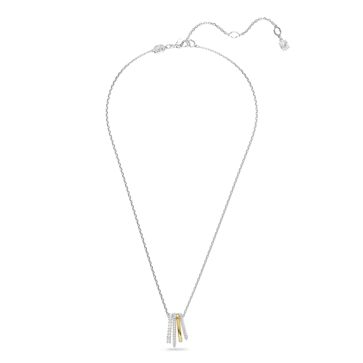 Swarovski Hyperbola pendant by Swarovski, featuring three vertical bar pendants in mixed metal finishes—two in silver-tone and one in shimmering gold-tone—each set with sparkling white Swarovski Zirconia, beautifully displayed on a plain white background.