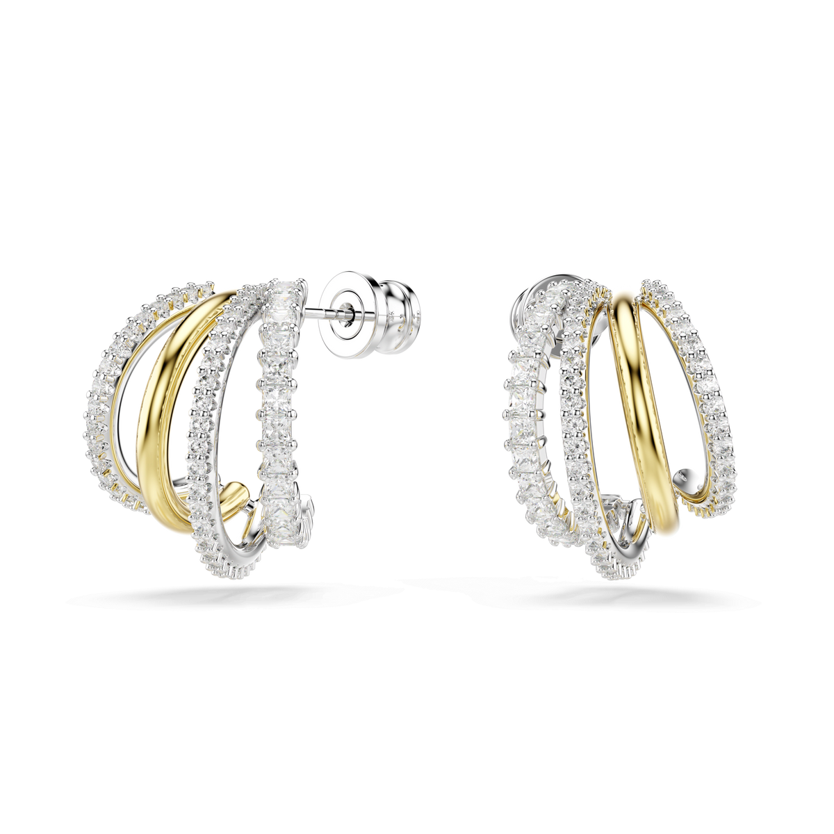 Swarovski Hyperbola hoop earrings in a mixed metal finish, featuring intertwined bands and rows of small sparkling white stones in mixed cuts, displayed on a white background.