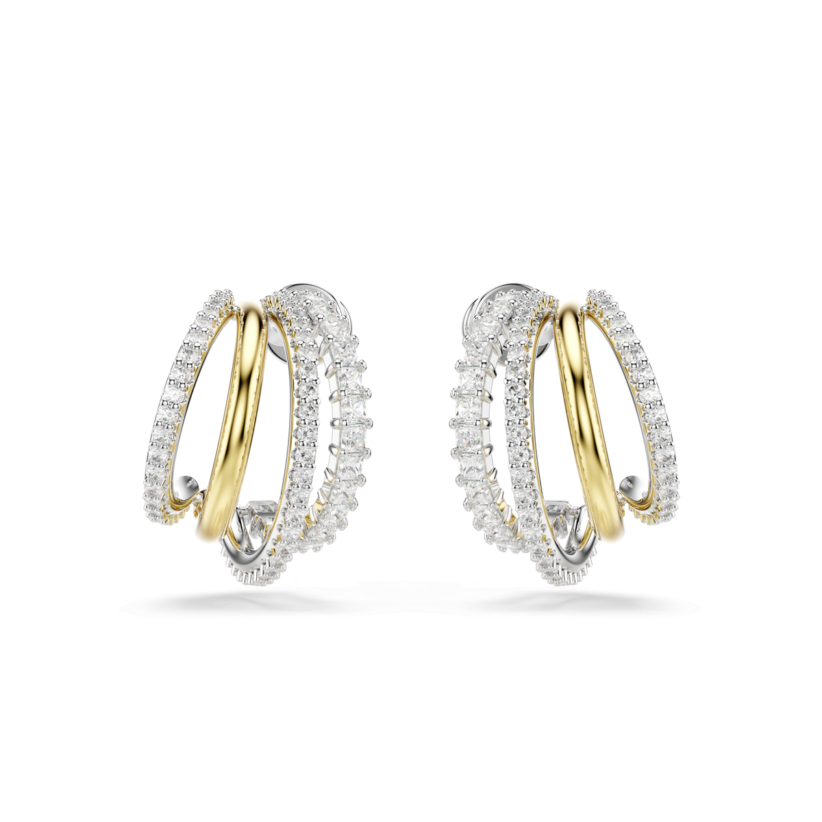 A pair of Swarovski Hyperbola hoop earrings in a mixed metal finish, mini size, featuring intertwined gold and silver loops adorned with sparkling white Swarovski zirconia in mixed cuts, displayed against a plain white background.