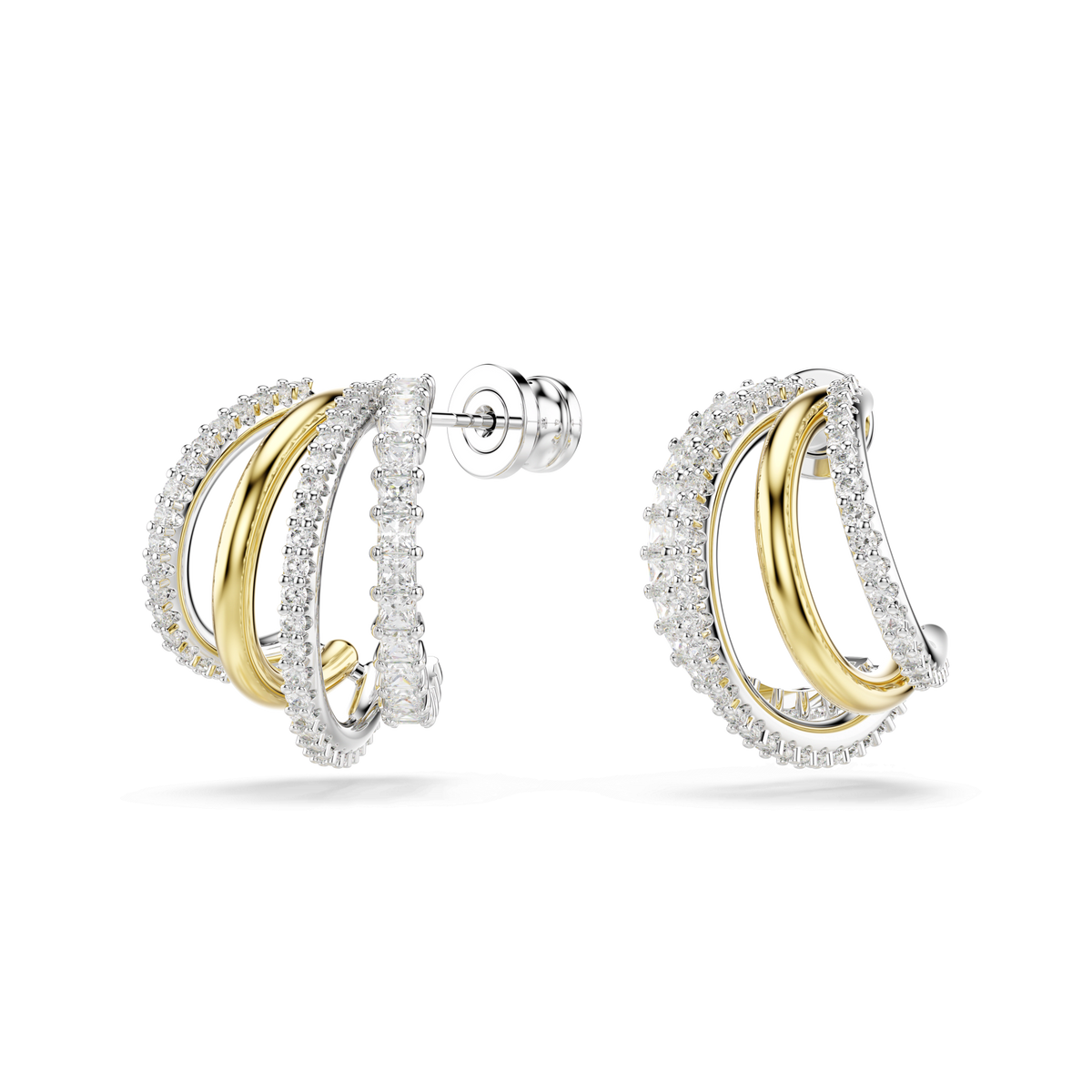 Swarovski Hyperbola hoop earrings (Mini, White, Mixed metal finish) featuring a wavy design with mixed cuts, accented by small sparkling stones along the outer edge, displayed against a plain white background.