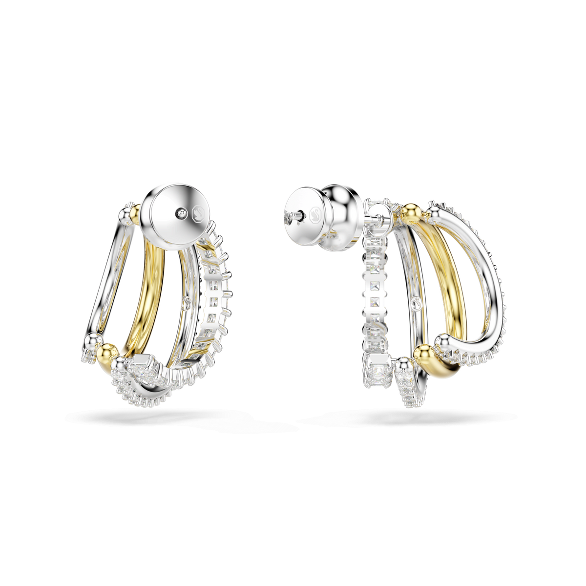 Swarovski Hyperbola mini hoop earrings, featuring interlocking loops in mixed metal finishes of silver and gold, adorned with small, sparkling white Swarovski Zirconia gemstones, displayed against a plain white background.
