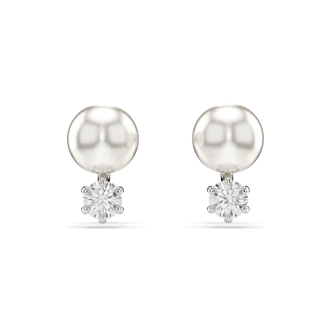 The Swarovski Matrix Crystal Pearl Stud Earrings, adorned with dazzling diamond-like accents that embody sophistication, are beautifully displayed against a simple white backdrop.