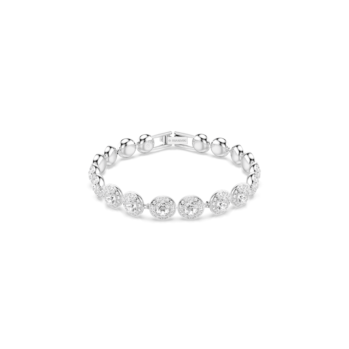 The Swarovski Una Angelic bracelet features round-cut, white crystals set in individual circular links, connected to smooth rhodium-plated metallic beads, and is displayed on a plain white background.