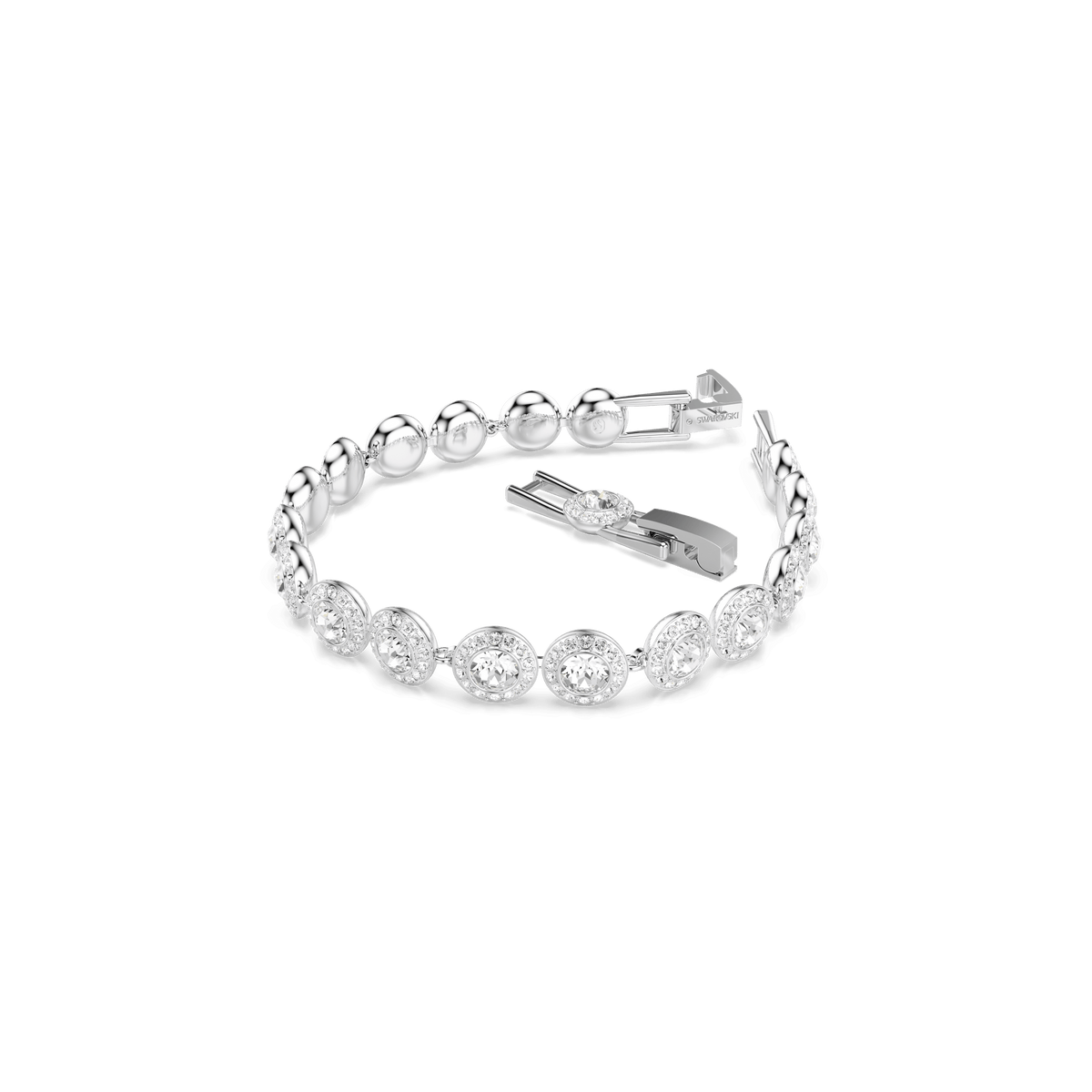 The Swarovski Una Angelic bracelet features round, sparkling white stones in bezel settings, beautifully rhodium plated and displayed on a white background with its clasp partially open.