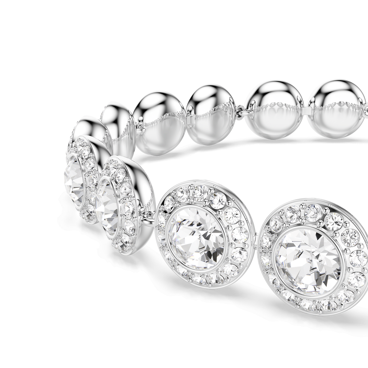 A close-up of the Swarovski Una Angelic bracelet by Swarovski, showcasing round-cut white crystals surrounded by smaller stones, accented with rhodium-plated silver beads against a white background.