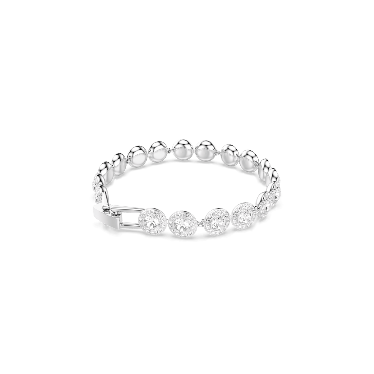 The Swarovski Una Angelic bracelet by Swarovski features round-cut, sparkling white crystals set in linked rhodium-plated bezels, elegantly displayed on a plain white background.