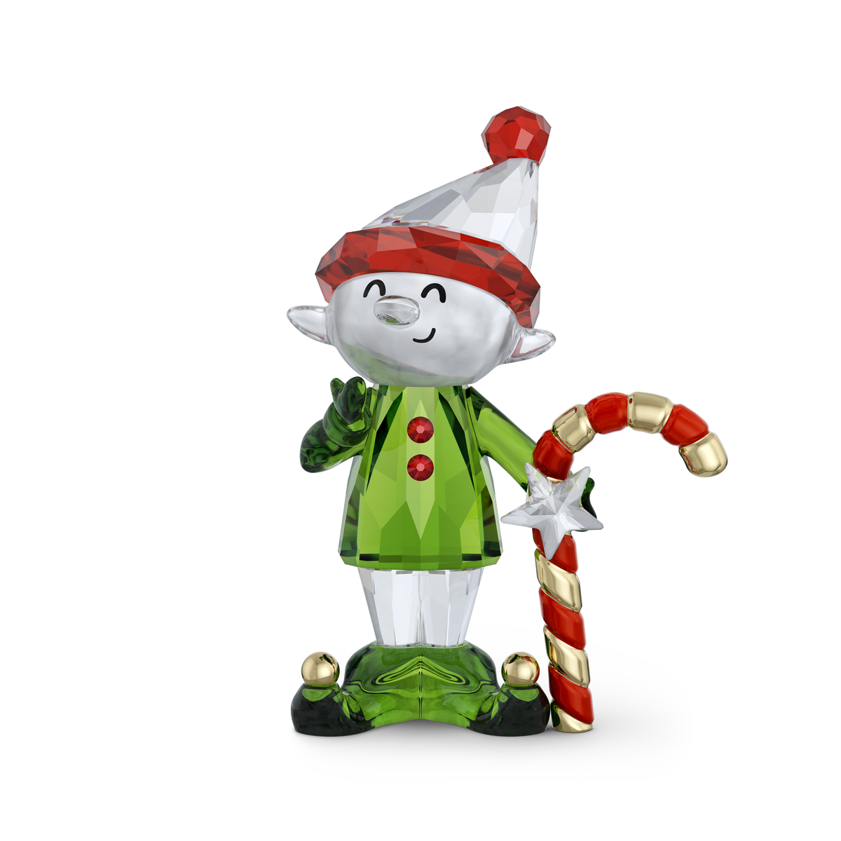 The Swarovski Holiday Cheers Dulcis Elf and Candy Cane by Swarovski is a crystal festive ornament showcasing a smiling elf in a green outfit with a red-striped hat, holding a red and white candy cane. This charming figurine stands on green shoes with gold accents against a white background, making it the perfect holiday decoration.