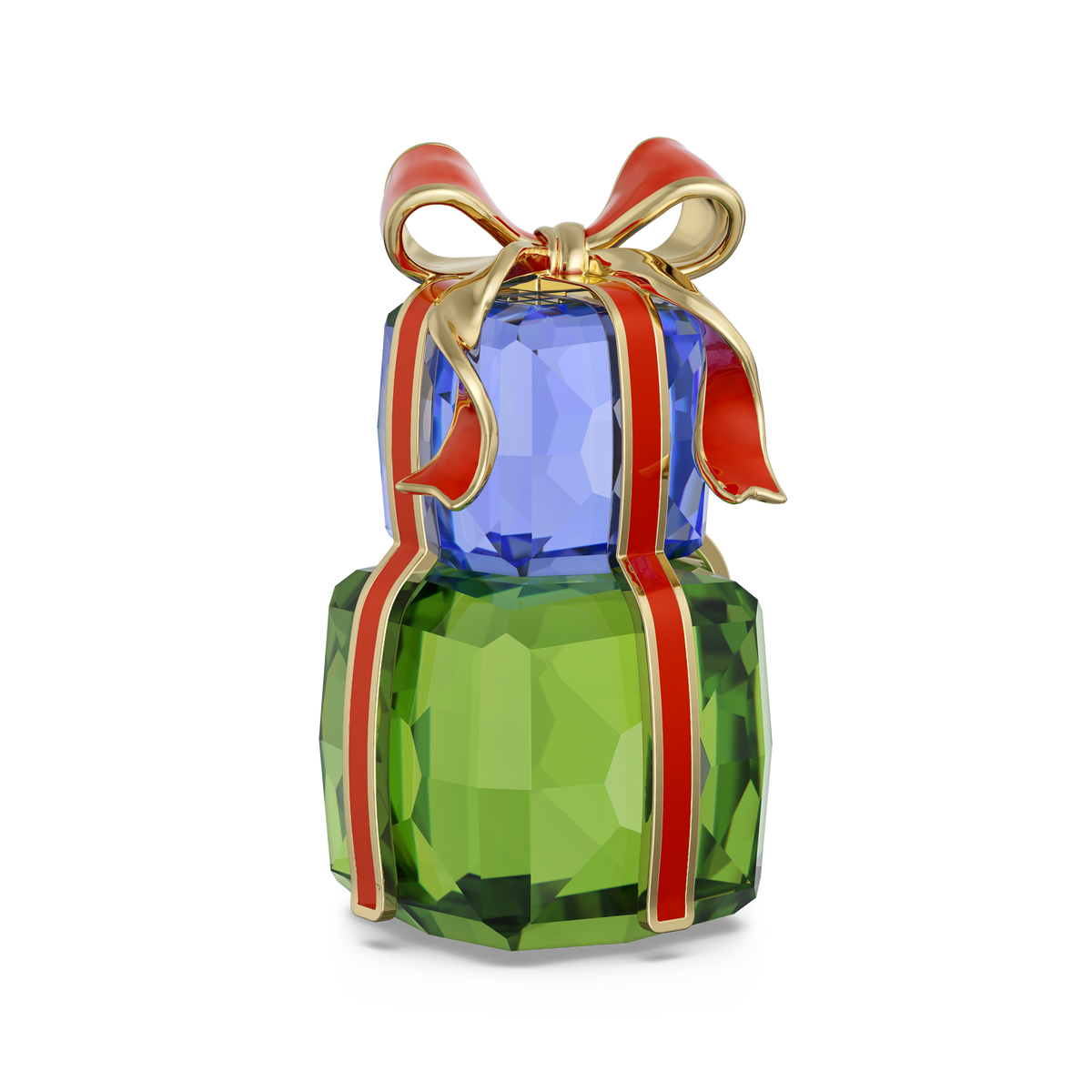 The Swarovski Holiday Cheers Gifts by Swarovski features a decorative glass ornament shaped like stacked green and blue gift boxes, adorned with red and gold ribbon and a large bow on top, and set against a white background.