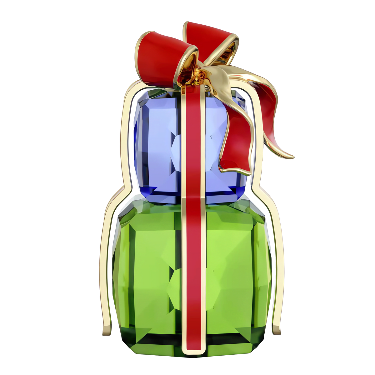 The Swarovski Holiday Cheers Gifts by Swarovski, adorned with sparkling green and blue crystals, gold accents, and finished with a radiant red and gold ribbon bow, makes a dazzling Christmas ornament or a sophisticated touch to any holiday gift bundle.