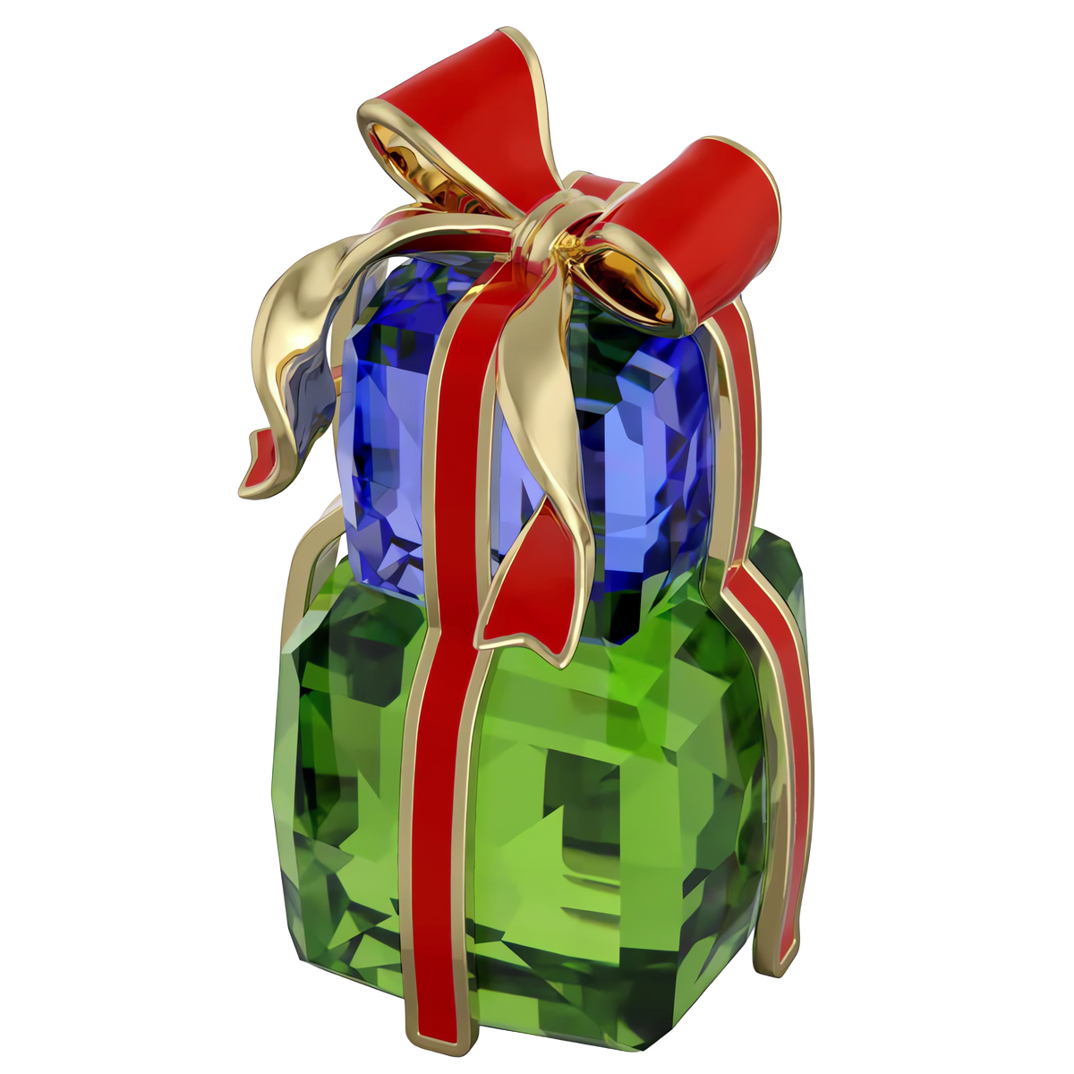 A Swarovski Holiday Cheers Gifts ornament by Swarovski, featuring a gem-shaped green and blue decorative parcel adorned with a shiny gold-edged red ribbon and bow, set against a plain white background.