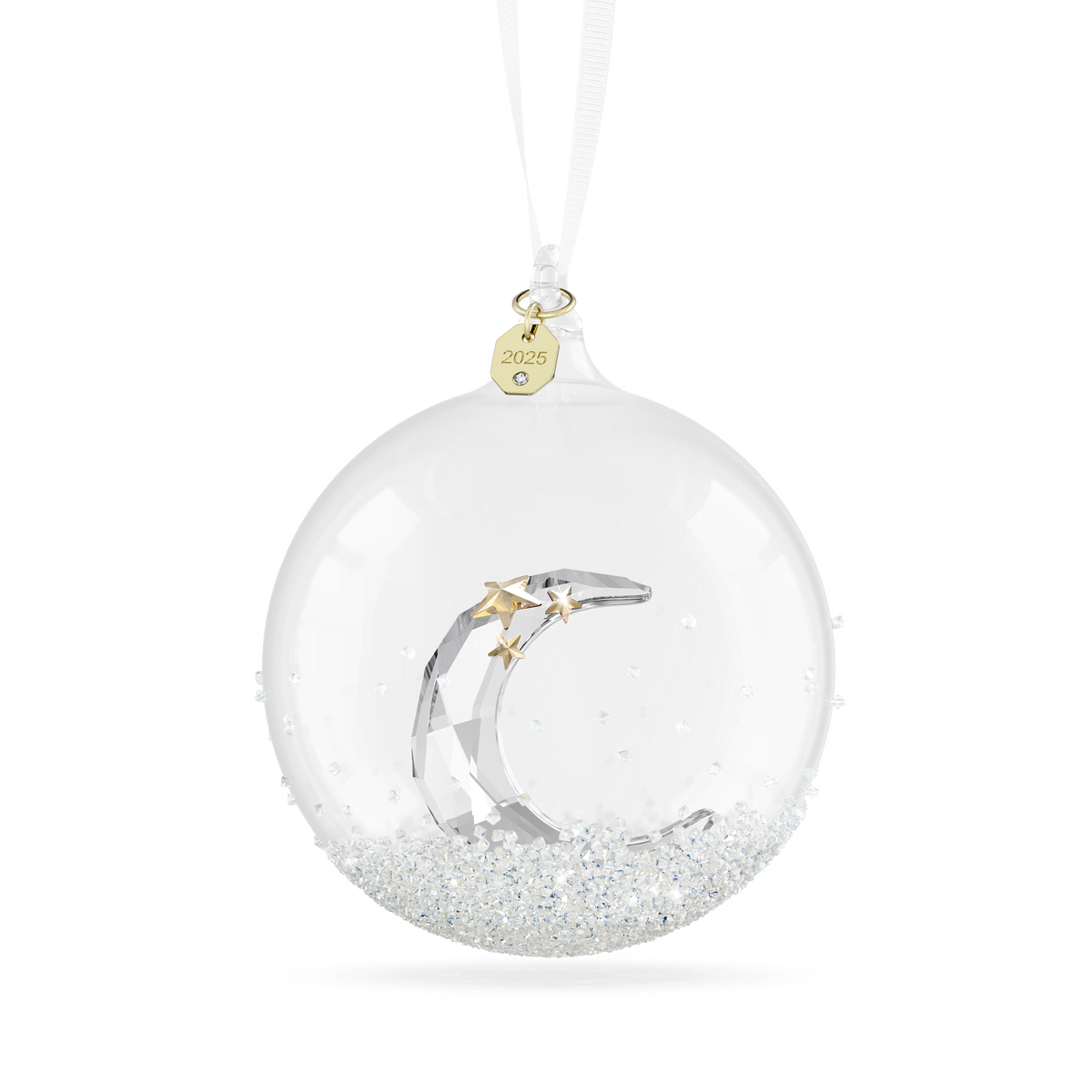 Inspired by the Swarovski Annual Edition Ball Ornament 2025, this clear glass ornament by Swarovski features a sparkling crystal crescent moon and gold-tone stars nestled inside, with white glitter accents at the base and a gold “2025” tag adorning the hanging ribbon—a brilliant collectible now available at Raffi Jewellers, your trusted source for Swarovski Canada.