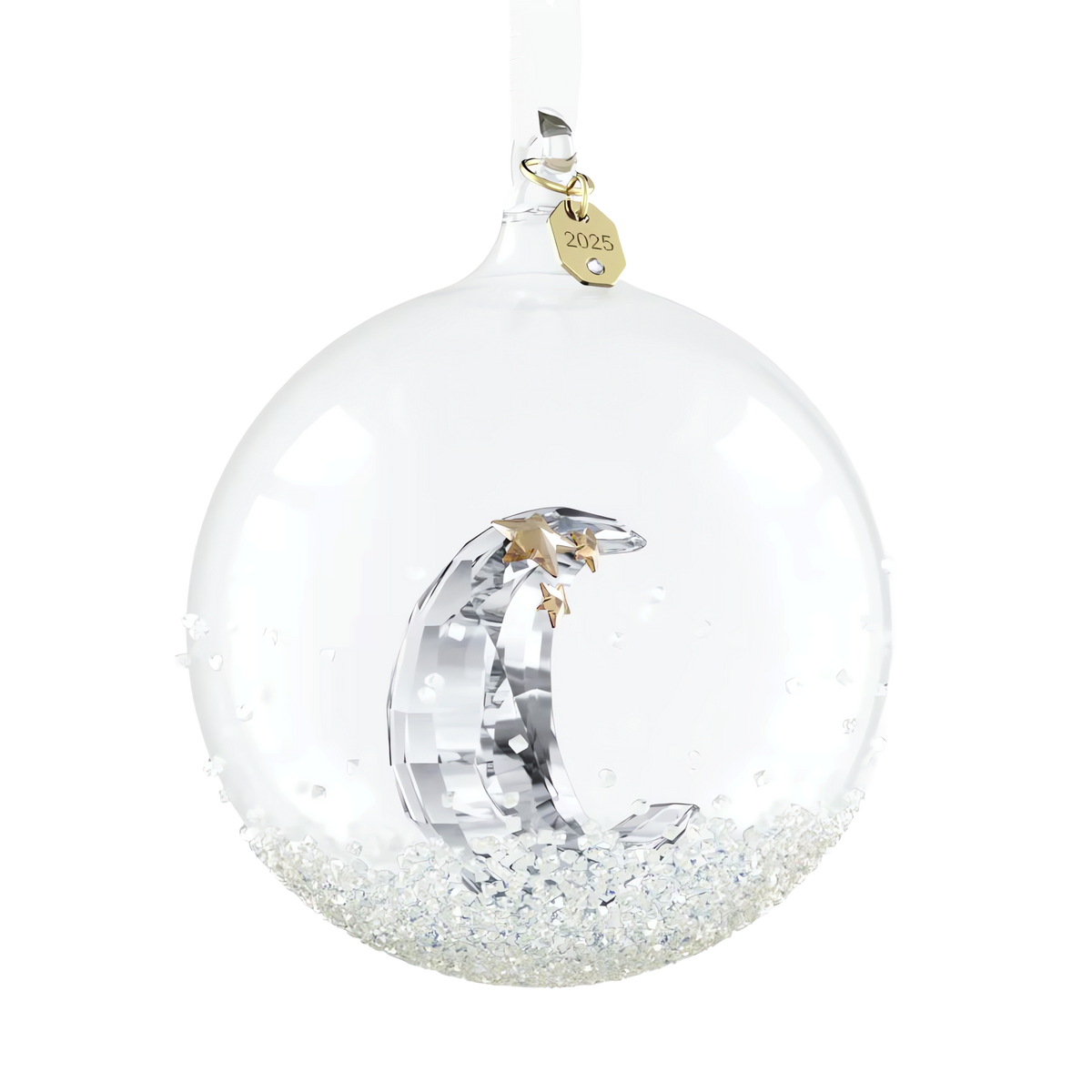 This stunning Swarovski Annual Edition Ball Ornament 2025 features a clear glass design adorned with crystal-like beads at the base, showcasing a silver crescent moon and gold star suspended inside. A white ribbon tops the ornament, accented by a small gold tag engraved with “2025.” Available at Raffi Jewellers, an authorized retailer for Swarovski Canada.