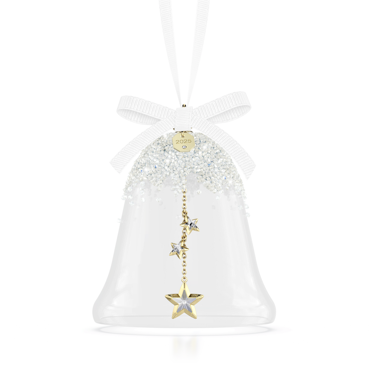 Introducing the Swarovski Annual Edition Bell Ornament 2025 by Swarovski—a clear glass bell ornament adorned with a white ribbon, filled with dazzling crystals and featuring a radiant gold star and a crystal-studded chain suspended inside. Topped with a round gold tag engraved “2023,” this exquisite piece is available exclusively at Raffi Jewellers and exemplifies the refined craftsmanship that defines Swarovski Canada.