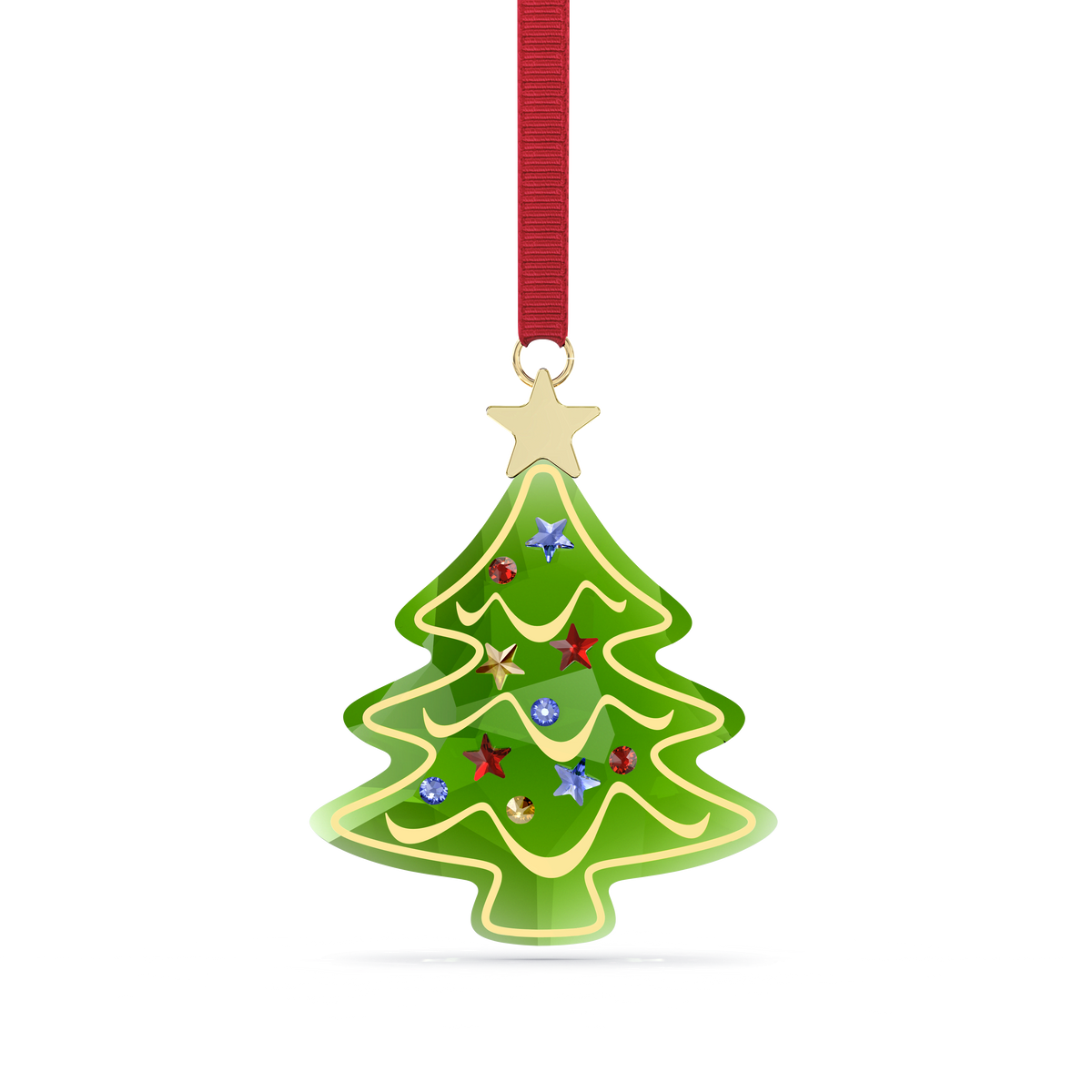 The Swarovski Holiday Cheers Holiday Tree Ornament by Swarovski features a green Christmas tree with gold edges, topped with a sparkling star and adorned with colorful jeweled decorations. This festive ornament hangs from a vibrant red ribbon against a plain white background.